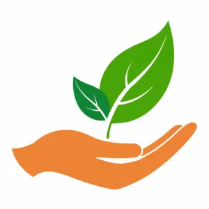 Orangefarbene Hand mit einem grünen Blatt